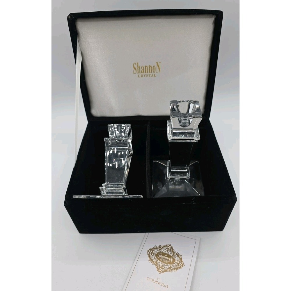 Vintage Art Deco Style Crystal Candlestick Pair Shannon Godinger Ireland 5.5" - Picture 2 of 11